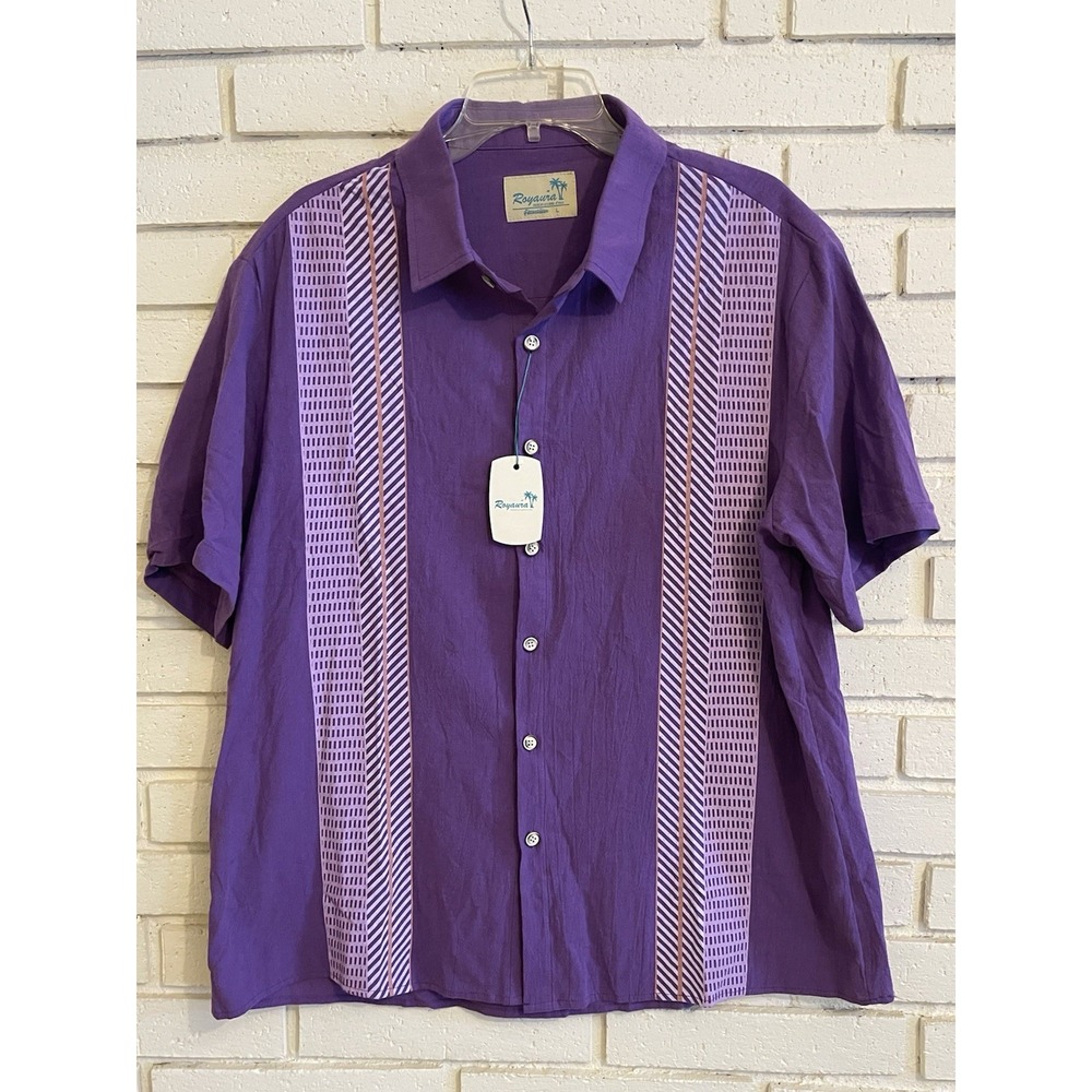 Royaura Mens Shirt Sz Lg‎ Purple  Stripe Hawaiian Button Up Casual Shirt NWT